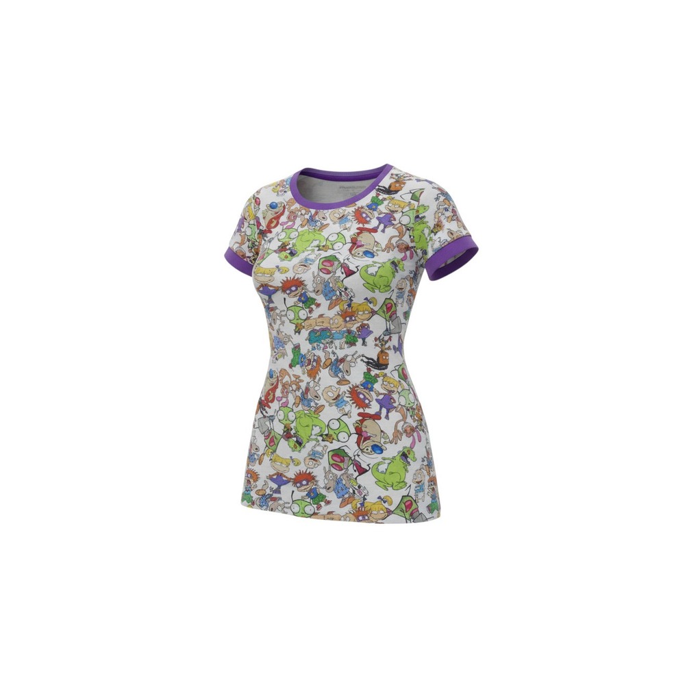 Nickelodeon Ringer Tee Womens MD White All Over Print 90s Cartoon Characters